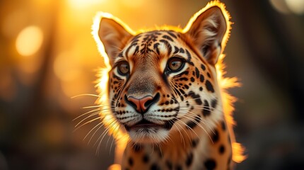 Obraz premium Close-up of Leopard Face with Golden Sunlight and Blurred Background