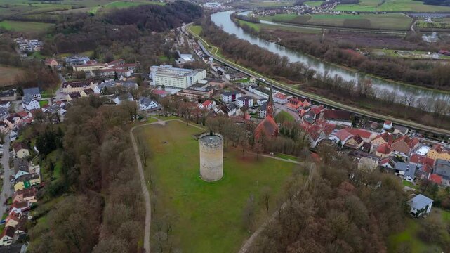 Aerial view of Heinrichsturm in Bad Abbach, Bavaria, Germany. This medieval tower surrounded by scenic Bavarian hills, Danube River and countryside, offers breathtaking views and historical heritage. 
