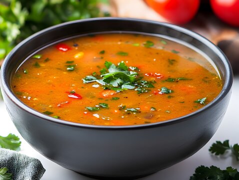 Traditional south indian rasam soup served in a bowl isolated on a clean white background for culinary presentation