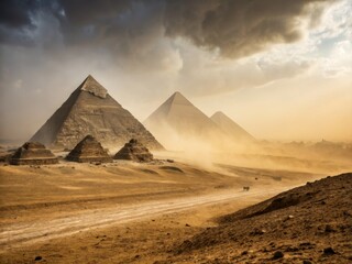 Majestic giza pyramids in egypt ancient wonders landscape photography desert environment dramatic view timeless culture