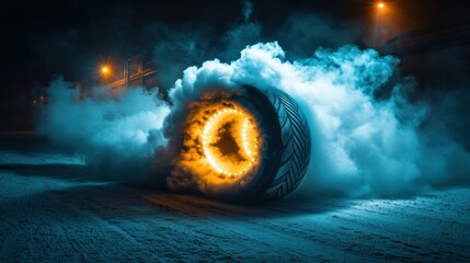 A large tire, blazing with light, is surrounded by plumes of smoke in a winter night scene