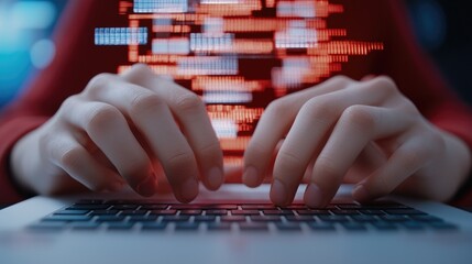 Close-Up Hands Typing on Laptop with Digital Data Overlay Effect