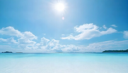 Idyllic tropical beach scene with bright sun, clear turquoise water, and fluffy white clouds. Perfect for travel, vacation, or summer themes.