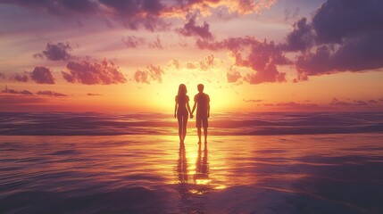 Fototapeta premium Romantic couple silhouetted against a breathtaking sunset over a calm ocean, holding hands. Perfect for travel, romance, and love themes.