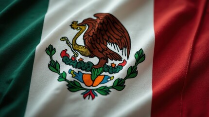 Close-up of the Mexican flag's emblem, showing the eagle perched on a cactus with a snake in its beak