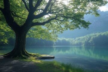 Obraz premium Serene Lakeside Landscape with Majestic Tree