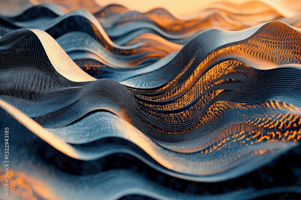 Poster dynamic movement of tech waves illustrated through layers of patterns and textures in a vibrant disp