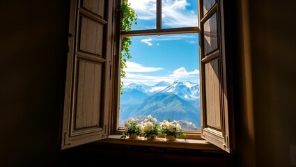 Breathtaking Mountain View Through a Window – Tranquil Scenic Landscape