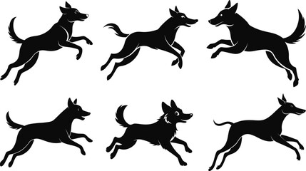 Set of Playful Running Dogs Silhouette Design