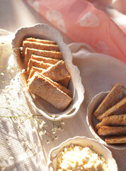 Home made soy cookies or okara cookies on white cloth. Healthy food.