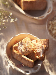 Home made soy cookies or okara cookies on white cloth. Healthy food.