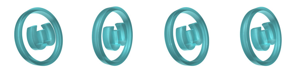 Set of 3d blue frosted glass of Greek letter omega shapes with circle outline isolated on a transparent background. 3d elements for graphic design.