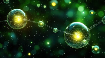 Abstract representation of interconnected, glowing molecules.  Complex, organic structures are depicted in a dark green background, with illuminating yellow centers