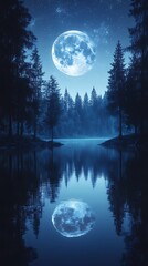 Naklejka premium Moonlit lake, forest reflection, night scene