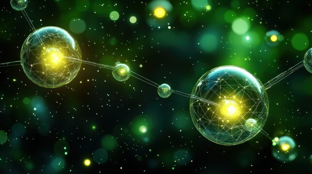 Abstract representation of interconnected, glowing molecules.  Complex, organic structures are depicted in a dark green background, with illuminating yellow centers
