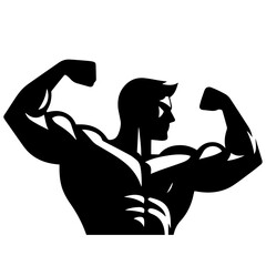Black and white vector silhouette of bodybuilder on white background