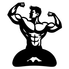 Black and white vector silhouette of bodybuilder on white background