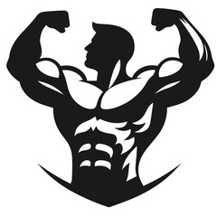 Black and white vector silhouette of bodybuilder on white background
