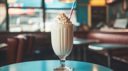 A thick milkshake with two straws in a vintage diner-style setting.