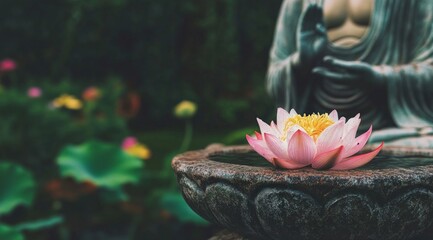 Serene Pink Lotus Bloom in Stone Basin near Buddha Statue