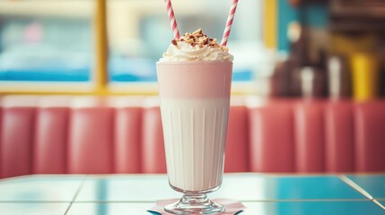 A thick milkshake with two straws in a vintage diner-style setting.