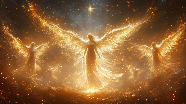 Heavenly Angels with Glowing Wings Ascending in Divine Light – Celestial Vision of Holiness, Spiritual Guardianship, and the Heavenly Host in a Radiant, Sacred Realm.