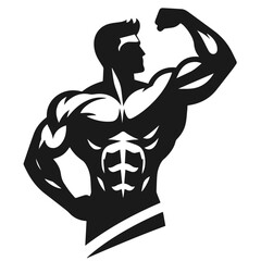 Black and white vector silhouette of bodybuilder on white background