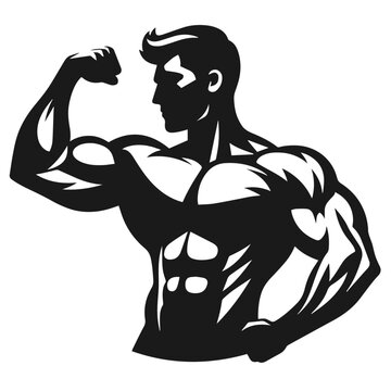 recommend clip art: Black and white vector silhouette of bodybuilder on white background