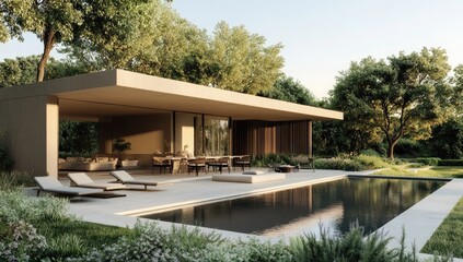 Modern home exterior with pool and patio