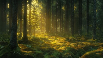 Obraz premium Serene Forest Landscape with Golden Light Filtering Through Trees