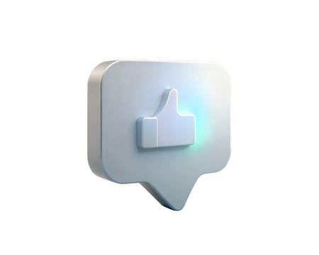 A modern holographic 3D icon featuring a comment bubble with a like symbol, isolated on white background. Ideal for social media, digital platforms, and user interaction themes.