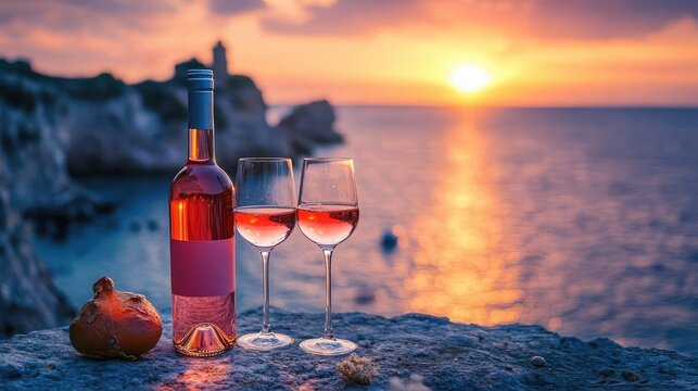 A chilled bottle of ros wine with two glasses, set against a sunset backdrop.
