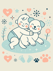 Baby playing with dog cute with funny.Child embraces pet with love and snugness family .Design flat style vector Soft Color.hearts,dog footprints,stars,flowers,leaves on white background illustration.