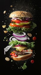 Gourmet burger creation in motion kitchen food photography dark background artistic viewpoint culinary concept