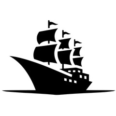Black and white vector silhouette of a ship on white background
