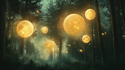 Obraz premium Dreamlike atmosphere of enchanted forest with surreal floating golden spheres in digital art