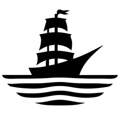 Black and white vector silhouette of a ship on white background
