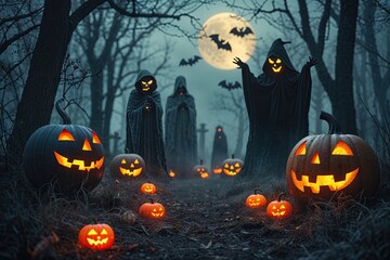 Spooky Halloween Background with Gloomy Atmosphere and Glimmering Spirits