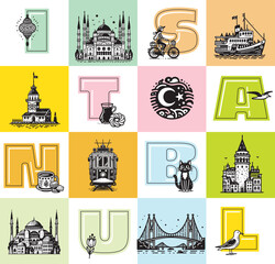 Istanbul city themed typographic illustration with iconic landmarks