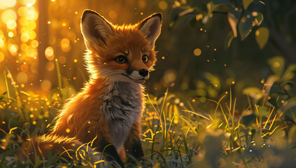Obraz premium A cute fox cub with expressive eyes sitting in grass at sunset