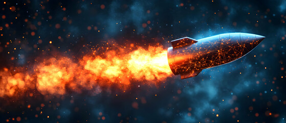 Rocket launch, space flight, fiery trail