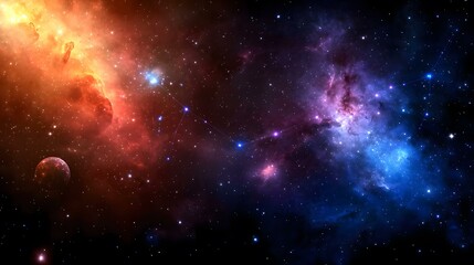 Naklejka premium The image shows a vibrant nebula with contrasting red and blue hues, scattered with numerous stars, and a prominent constellation traversing the scene, all set against a dark cosmic background. A si