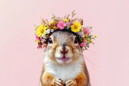 Isolated pink background, copy space, digital ads graphic art. Cute adult animal squirrel wearing feral flower crown on its head - symbol of sunny summertime. Wild animal in flower crown. - Powered by Adobe