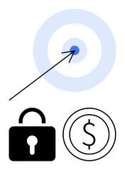Arrow hitting blue target center, black padlock, and dollar coin for focus, security, finance. Ideal for business goal-setting, financial strategy, investment, cybersecurity planning personal