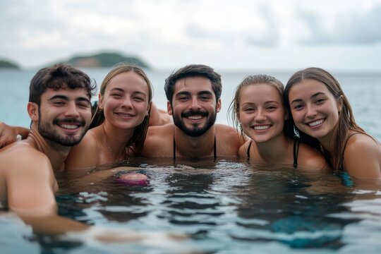 Selfie, fun and portrait of friends at a pool party for summer, holiday and happy swimming in Thailand. Relax, smile and group of people in the water with a photo memory on a tropical