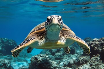 Fototapeta premium Green Sea Turtle swimming in clear blue water, underwater image taken