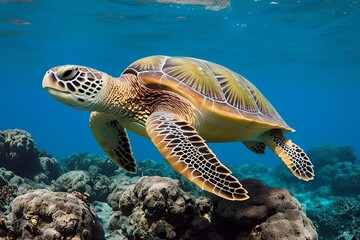 Green Sea Turtle swimming in clear blue water, underwater image taken