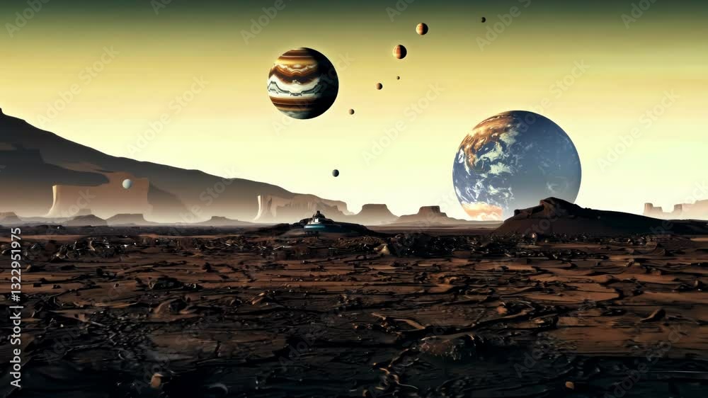 Poster retro-futuristic alien landscape featuring a distant planet and moons above a barren terrain with ro