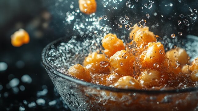 Sizzling snack splash fried treats in a bowl kitchen food photography close-up delicious concept