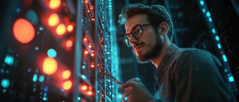 Tech industry professional analyzing data server modern data center digital environment focused perspective